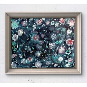 WS original night flowers hand painted 14X11 canvas acrylic abstract modern art